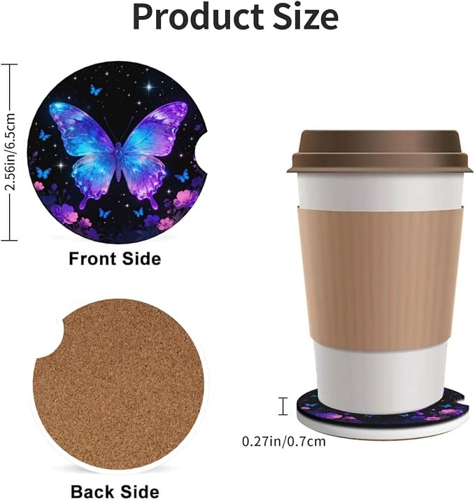 Butterflies Starry Sky Flowers Shimmering 2 Pack Car Cup Holder Coasters Absorbent Ceramic Drink Coasters 2.56" Anti Slip Cup Mat with Cork Base and Finger Notch Auto Accessories for Women Men