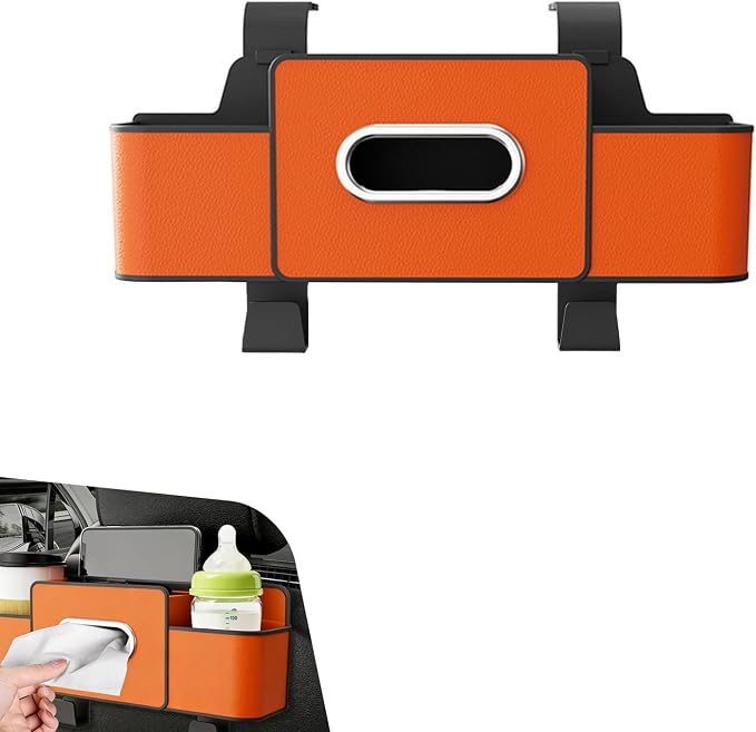 4-in-1 Back Seat Car Organizer, Leather Multifunctional Seat Back Storage with Phone Holder Tissue Box Cup Holders Hooks, Waterproof Hanging Organizer, Universal for Most Cars (Orange)