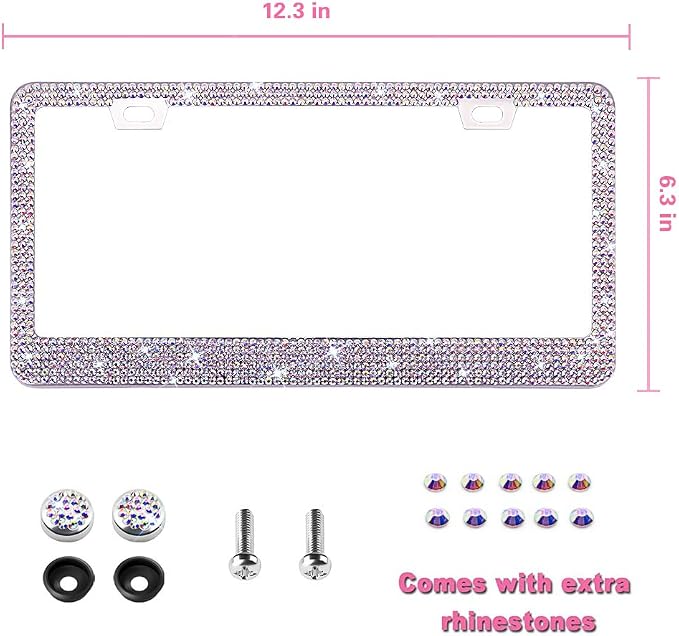 OKLPF Bling License Plate Frame for Women, 1PCS Sparkly Stainless Steel License Plate Frames| Over 1000 pcs 14 Facets Bedazzled Clear Glass Diamond Rhinestone Crystals w/Free Glitter White Diamond BOX