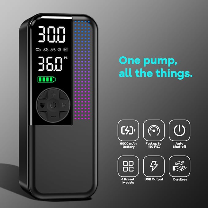 Tire Inflator Portable Air Compressor, 150 PSI Cordless Air Pump, Dual Power 6000mAh, 12V DC Car Plug, Fast Inflation 24L/Min, Auto Shut-Off, LED Light, 4 Preset Modes for Car, Bike, Motorcycle, Balls
