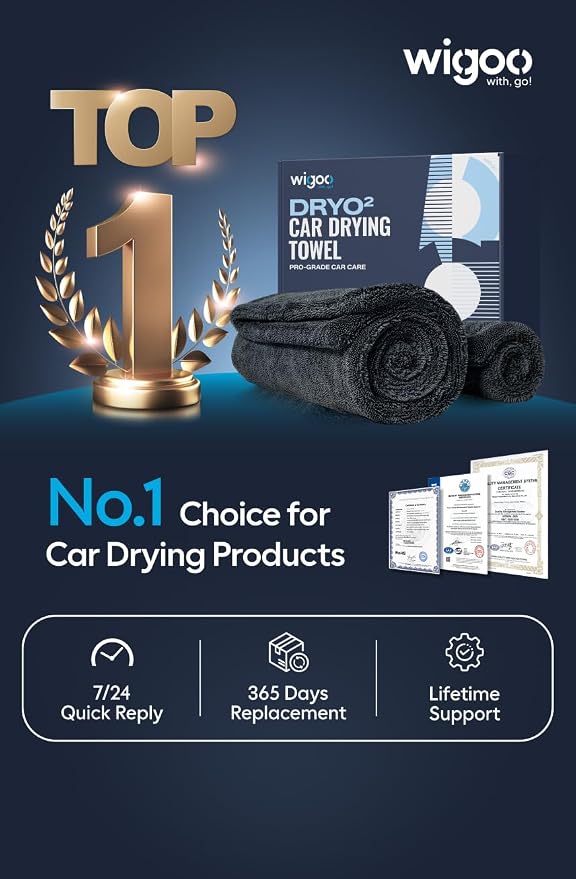 Wigoo Microfiber Car Drying Towel for Detailing, Cars, SUV, Truck (Green) | 1300 GSM, 36" x 24", Ultra-Absorbent, Streak-Free, Dual-Sided Edgeless Cleaning Towels with Twisted Loop