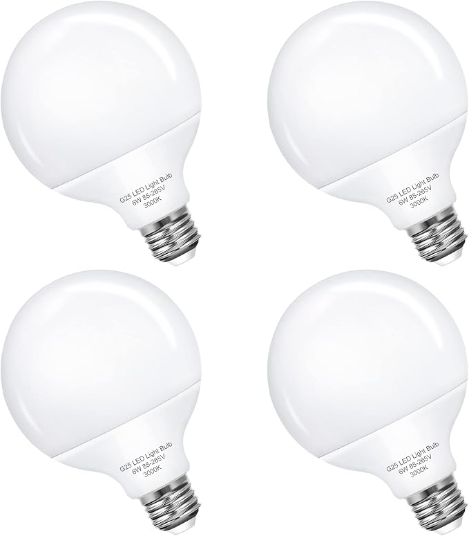 G25 LED Vanity Globe Light Bulb, 60W Equivalent Incandescent Bulbs for Vanity Bathroom Mirror Light Bulb, 3000K Soft White E26 Base Makeup Mirror Lights, Not-Dimmable Christmas Decor Lighting, 4 Pack
