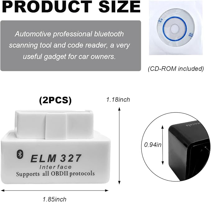 KVAEY 2 PCS OBDII Car Auto Diagnostic Scanner, ELM327 Automotive Bluetooth Scan Tool and Code Reader, Professional Car Bluetooth Engine Fault Code Reader, Universal Car Accessories (White)