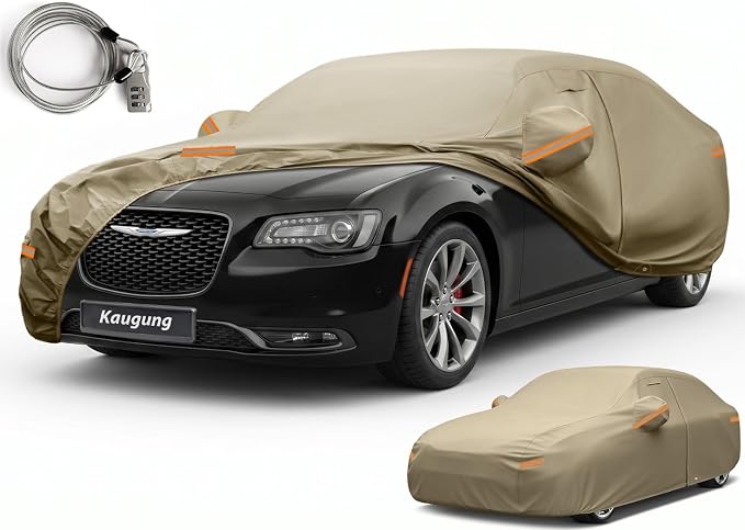 Kaugung Custom Fit Car Cover for Chrysler 300 300C (2005-2026), Heavy Duty All Weather Waterproof Outdoor Cover, Sun Rain Snow UV Protection with Driver Door Zipper, Mirror Pockets & Air Vents