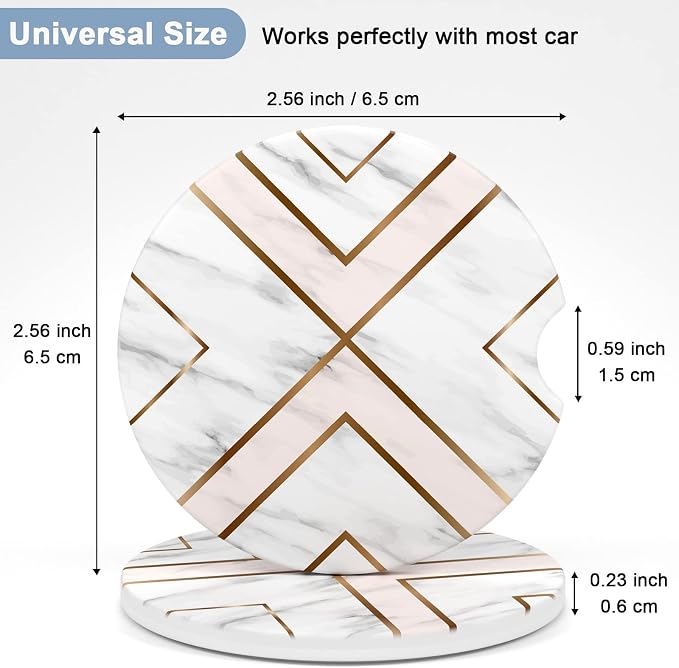 Nipichsha Car Coasters for Cup Holders, 2 Pack Absorbent Ceramic Car Cup Holder Coaster for Drinks, Cute Auto Assecories for Women Men, Size 2.56 in with Finger Notch & Cork Base, White Gold Line