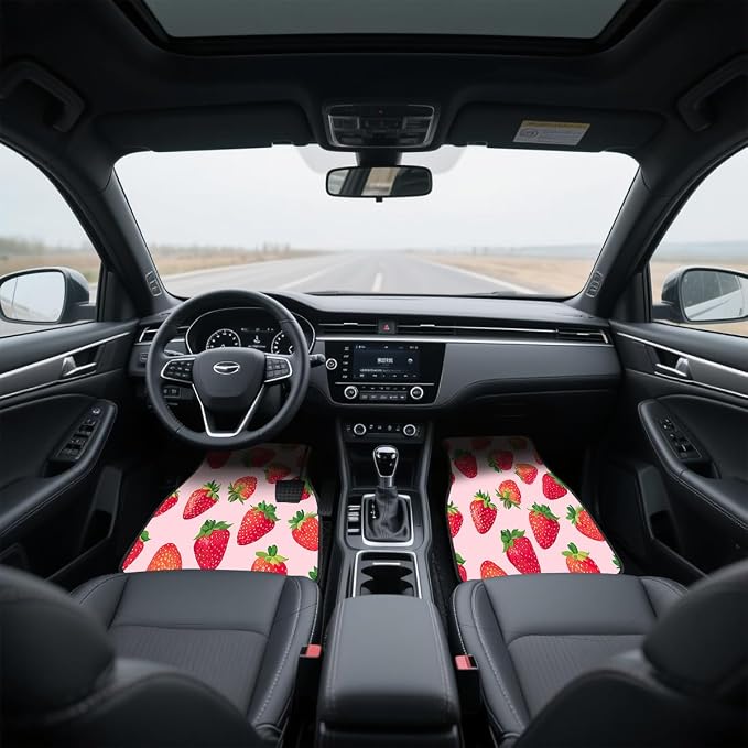 Strawberry Car Floor Mats Set of 4 Pink Cartoon Colorful Animation Carpet Front Rear Carpets Mat Non-Slip Auto Car Accessories Universal Fit for Car SUV Truck Van