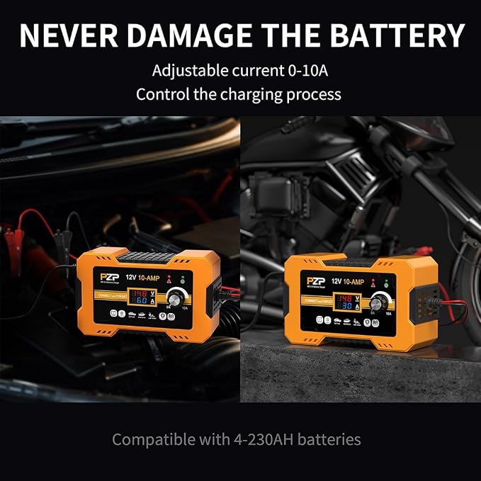 12V Automatic Car Battery Charger, 0-10A Arbitrarily Adjustable Smart Trickle Charger, Auto Desulfator with Battery Repair, Battery Maintainer with Winter Mode for AGM, Gel, Deep Cycle, Lead-Acid