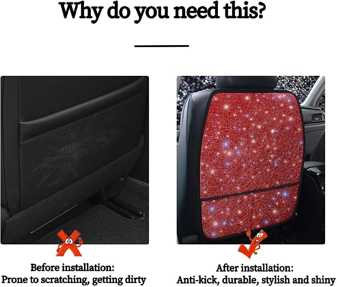 Luxury Bling Car Seat Back Protectors with Pockets – Sparkling Rhinestone Kick Mats, Universal Fit PU Leather Back Seat Covers for SUV Leather Seats, Diamond Protectors for Girls Red 2pcs