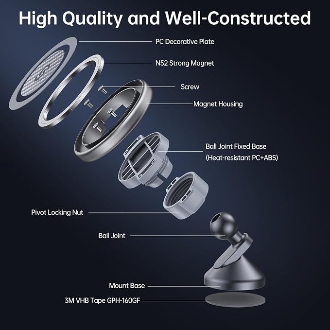 SYNCWIRE for MagSafe Car Mount - Magnetic Phone Holder for Car Dash,360° Rotation Strong Magnets Car Phone Holder Compatible iPhone 17 16 15 14 13, MagSafe Car Accessories, Titanium Silver