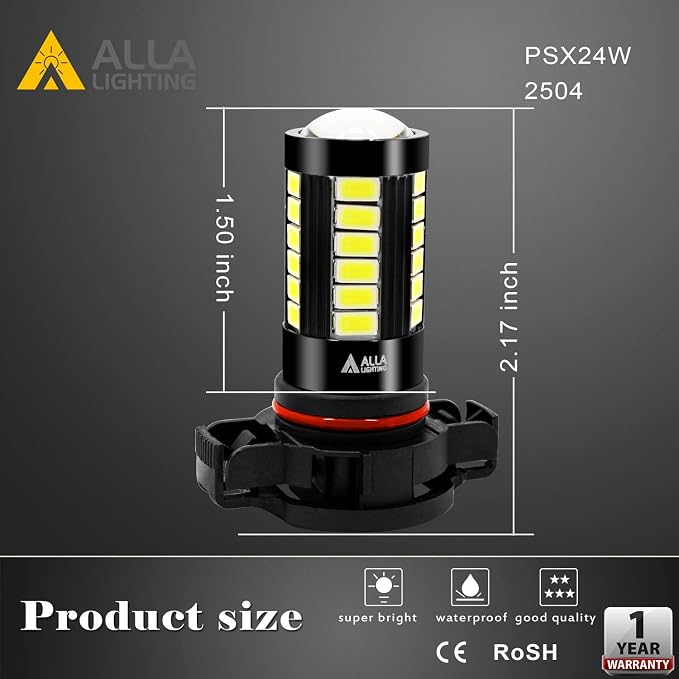 Alla Lighting Super Bright PSX24W 2504 LED Fog Light Bulbs, 6000K Xenon White 2800Lms 12276 Auto 12V Fog Lamps Replacement 5730 33-SMD LEDs