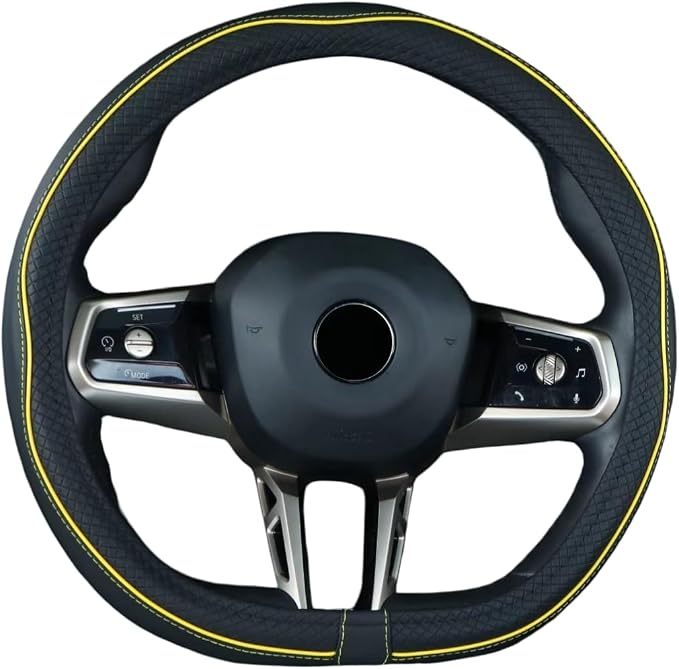 Mayco Bell Flat Bottom Steering Wheel Cover Anti-Slip,Safety,Soft,Breathable,Durable,Full Surround,Comfortable Grip Microfiber Leather (D Shape, Black Yellow)