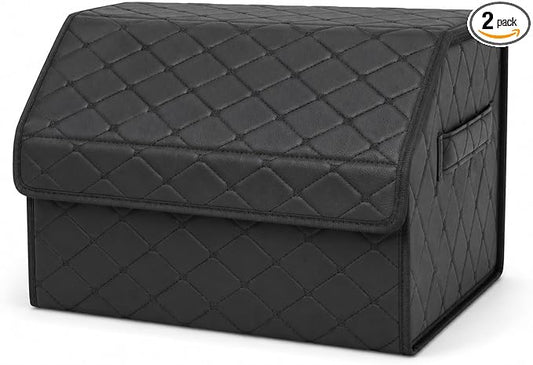 2Pack Leather Trunk Organizer for SUV & Sedans - Extra Large Foldable Car Storage Box with Lid, Adjustable Removable Dividers and Carry Handle, Collapsible Auto Cargo Organizer Black