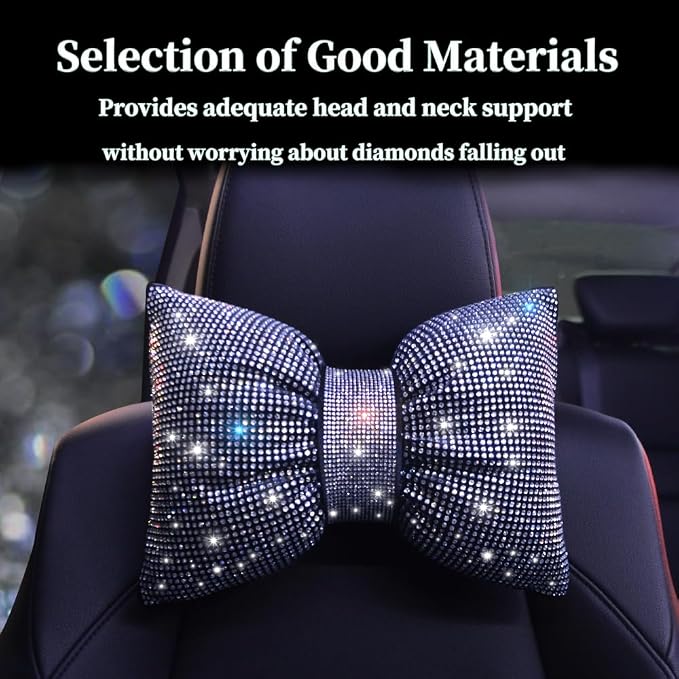 Car Neck Pillows Bowknot Car Headrest Cushion Crystal Rhinestone Diamond Bling Accessories for Women Driving Comfort Neck Support Pillow White 2Pcs