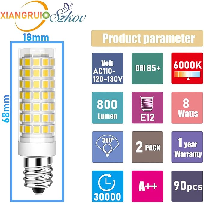 2-Pack E12 LED Bulb kx 2000 led Replacement Brother Sewing Machine Bulb Appliance Dryer Drum Water Dispenser Replacement Parts 120V Candelabra Bulb E12 Edison Screw Base 8W-Daylight White 6000K