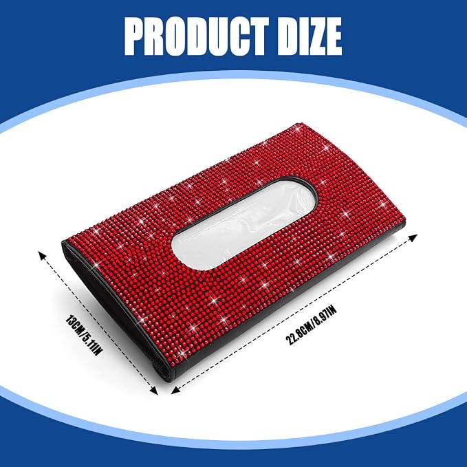 Bling Car Sun Visor Tissue Box Holder, Visor Accessories, Rhinestone PU Leather Crystal Sparkling Napkin Holder, Auto Sun Visor Paper Towel Cover Case Accessories for Most Cars (Red)