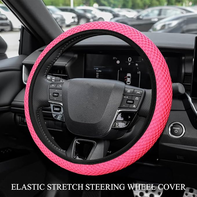 Elastic Stretch Steering Wheel Cover, Steering Wheel Protector, 15 Inch Anti-Slip Breathable Microfiber Ice Silk Protection, Easy Carry, Warm in Winter & Cool in Summer for Cars (Rose Red)