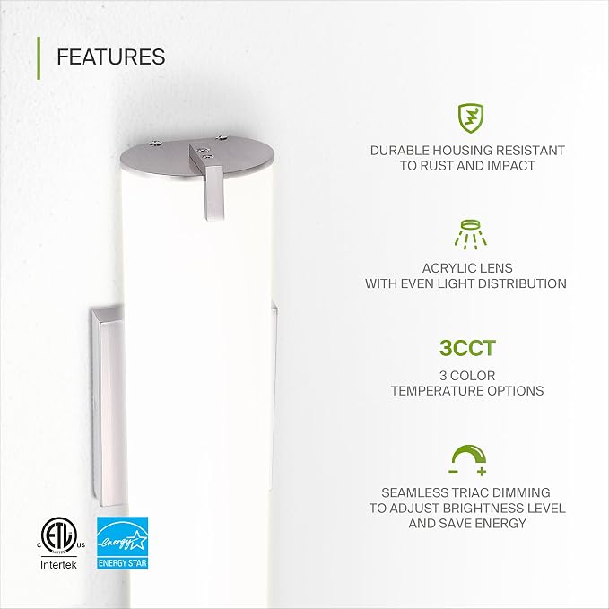 ASD LED 18" Vanity Wall Mount Light Fixture, Linear Bathroom Lighting Bar | 3CCT, Dimmable, Energy Star, ETL Listed | 20W 1500LM 3000-5000K 120V | Long Tube Bath Sconce Over Mirror | Nickel, 4 Pack