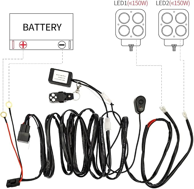 LED Work Lights Bar Remote Wiring Harness Kit 12V 40A LED Lights Remote Wiring Harness Switch Relay 14AWG Core Cable Harness 2 Leads fit for Car Fog Lights Work Driving Lights Bar
