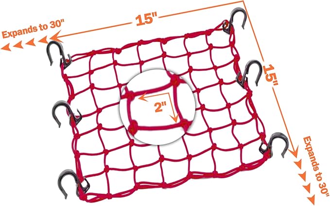 Small Cargo Net 15"x15" Stretches to 30"x30" with Thicken Hooks | Natural Latex Core, Tight 2”x2” Mesh Heavy Duty Bungee Net for Motorcycle Helmet, Bike, ATV, UTV, Luggage (Red, 1 Pack)