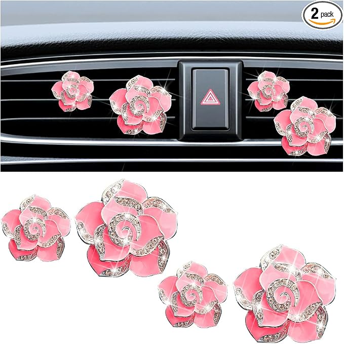 Osilly Bling Car Air Vent Clips, 4PCS/2Set Flower Rhinestone Vehicle Air Outlet Clamp, Sparkly Diamond Automotive Interior Vent Clip Charm Decor Accessories, Universal for SUV Truck RV (Rose Red)