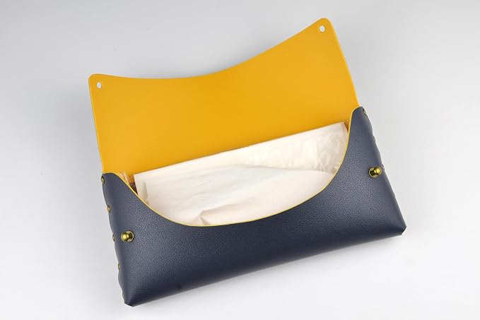 Car Tissue Holder, Tissue Case for Sun Visor, PU Leather Backseat Napkin Holder with Clips (Navy Blue)