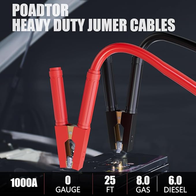 Heavy Duty Jumper Cables for Car Battery, 0 Gauge 25 Feet 1000AMP, Automotive Booster Cables for Jump Starting Dead or Weak Batteries, Suitable for 8L Gas & 6L Diesel, Carrying Bag Included