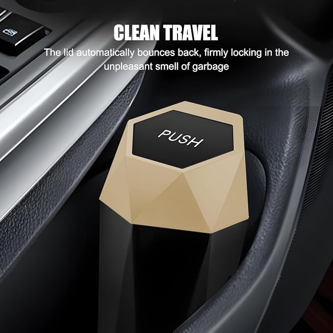 Car Trash Can with Lid, Mini Leakproof Fragrance Vehicle Cup Holder Garbage Bin for Console Door, Small Portable Auto Interior Dustbin Organizer Accessories, Universal Fit (Gold)