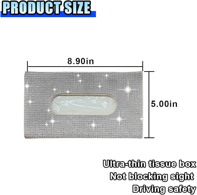 Bling Car Sun Visor Tissue Box Holder, PU Leather Auto Paper Towel Cover, Glitter Crystal Rhinestone Napkin Holder, Car Decoration Accessories for Women (Beige/White)
