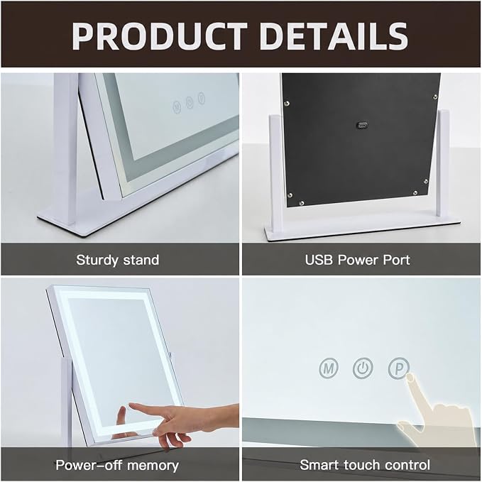 Lighted Makeup Mirror with Smart Touch, 3 Color Modes & Stepless Dimming, for Desk Bedroom Dressing Room, LED Vanity Mirror 13.2" H x 11.2" W