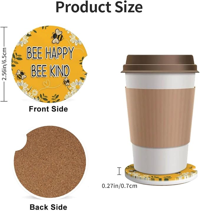 Bee Happy Bee Kind Daisy Absorbent Ceramic Car Coasters 2 Pack Round Insert Cupholder Coaster Car Cup Holder Mat with Finger Notch Anti-Slip Cork Base Reusable Drink Coasters 2.56 in