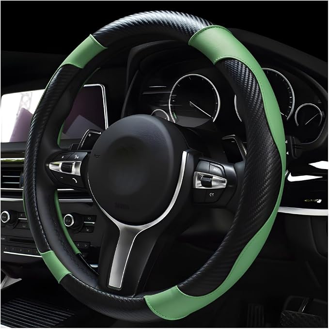 DXNQ Car Steering Wheel Cover, 15 Inch Carbon Fiber Leather Stitching Color Steering Wheel Protector, Anti-Slip Elastic Breathable Steering Wheel Cover Stylish Decor for Most Cars (Green)
