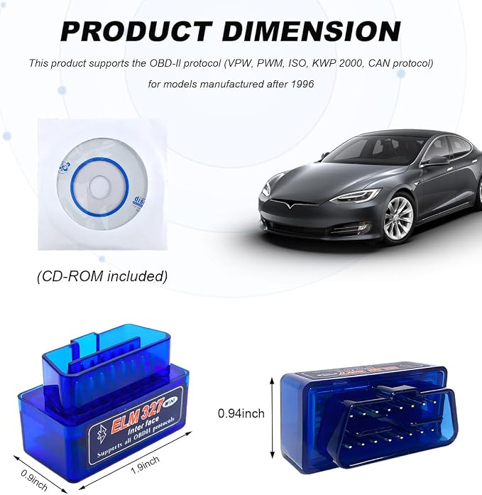 ELM327 OBDII Car Auto Diagnostic Scanner, Professional Mini Bluetooth Scan Tool Engine Fault Code Reader, Wireless Failure Detector Interface Adapter for Most OBD II Vehicles