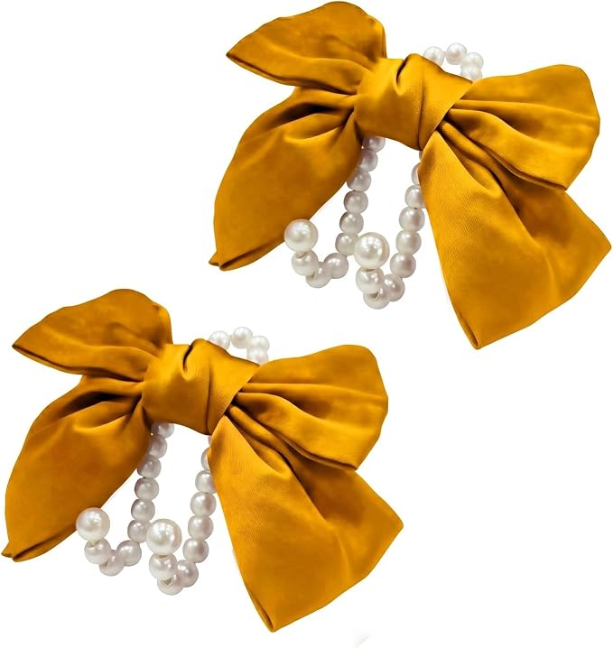 2 PCS Bow Pearl Car Seat Headrest Hook – Cute Purse Hook for Car, Girly Interior Decoration Accessories Hook Hanger, Seatback Holder for Purses & Bags, Elegant Car Organizer (Golden)