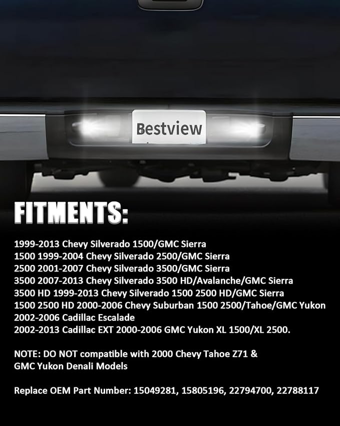 Bestview LED License Plate Lights Cover Lens w/Socket & Rear Lamp Wire Harness Assembly Compatible with Chevy Silverado Suburban Tahoe GMC Sierra 1500 2500 3500 HD Escalade EXT, White - Pack of 2