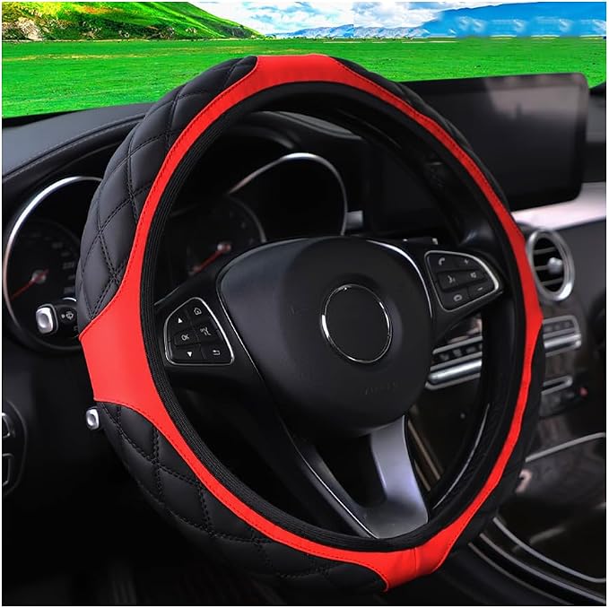 15 Inch Car Leather Steering Wheel Cover, Automotive Accessories Elastic Breathable Anti-Slip Soft Wheel Protector Fits Men and Women, Suitable for SUVs, Trucks, Vehicles and RVs (Red)