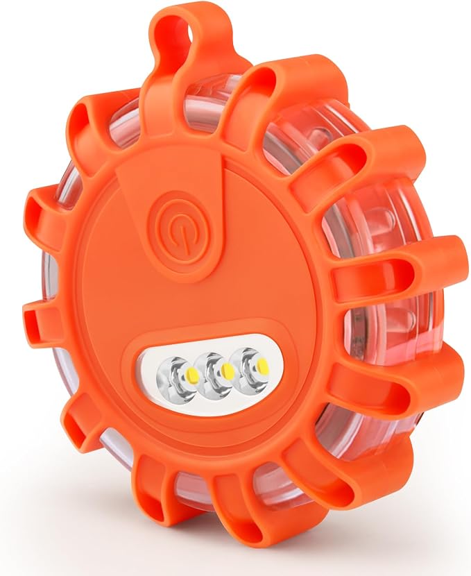 AK LED Road Flares Rechargeable Safety Flashing Warning Light Roadside Emergency Disc Beacon Kit for Vehicles Boats with Magnetic Base & Hook, Storage Bag and One 3-in-1 USB Charging Cables (3 Pack)