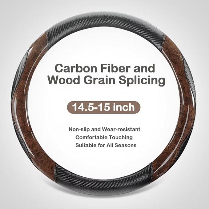 Wood Grain Steering Wheel Cover with Coasters Universal 14.5-15 inch | Black Carbon Wood Car Steering Wheel Covers Leather Microfiber Breathable Anti-Slip Durable Steering Wheel Accessories
