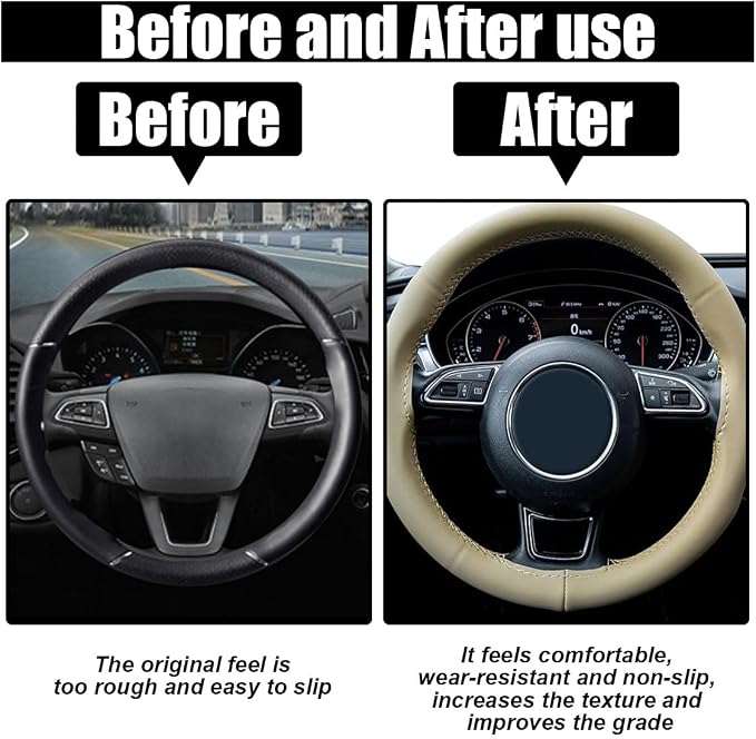 Car Genuine Leather Steering Wheel Cover, DIY Sewing with Needle and Thread, Breathable, and Anti-Slip, Universal 15 Inch Car Steering Wheel Stitching Wrap (Beige, Glossy)