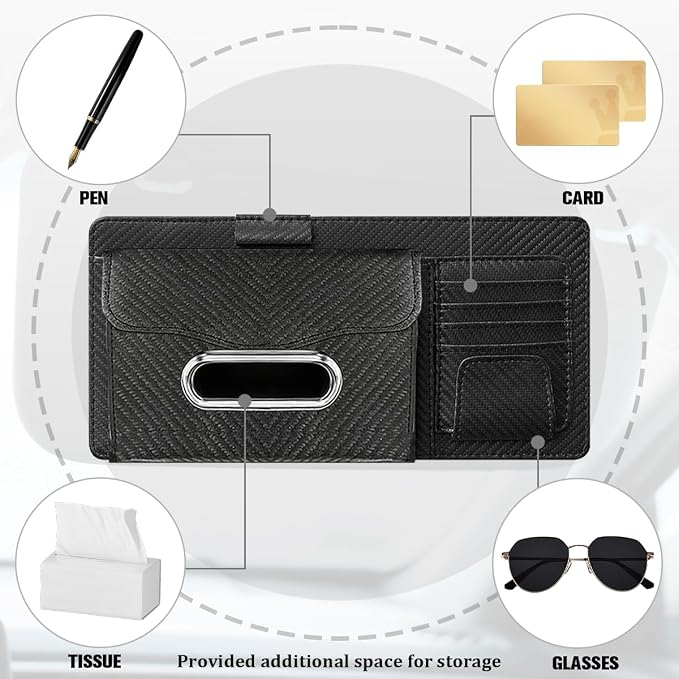 Car Sun Visor Organizer, Carbon Fiber Visor Glasses Tissue Card Holder Storage Pocket Pouch, Multifunctional Auto Sunshade Organizer Case Bag for Pens Documents Napkin, Universal Fit (Black)