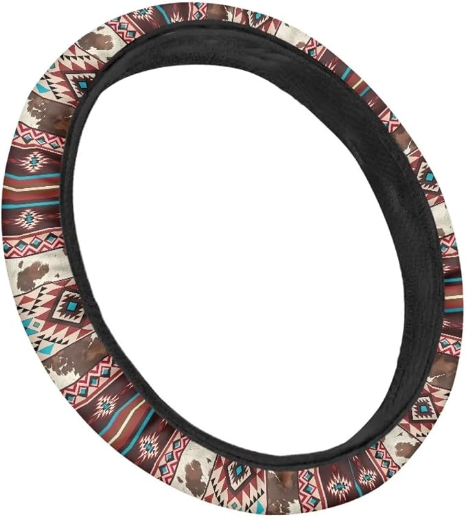 Wanyint Aztec Brown Cow Print Red Auto Steering Wheel Cover Unviersal 15 inch Steering Wheel Wrap Cover Auto Interior Accessories Decor All Seasons