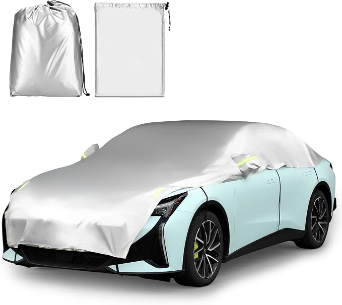 Canchiing Silver Car Half Car Cover Auto Sun Heat and UV Rays Blocker Foldable Automotive Front Windshield Sunshade Protector Easy Installation with Straps Fits Cars Sedan SUV(194" X 59",Sedan)