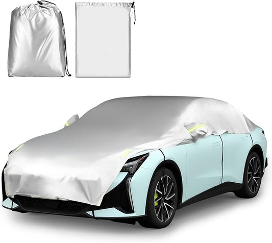 Canchiing Silver Car Half Car Cover Auto Sun Heat and UV Rays Blocker Foldable Automotive Front Windshield Sunshade Protector Easy Installation with Straps Fits Cars Sedan SUV(194" X 59",Sedan)