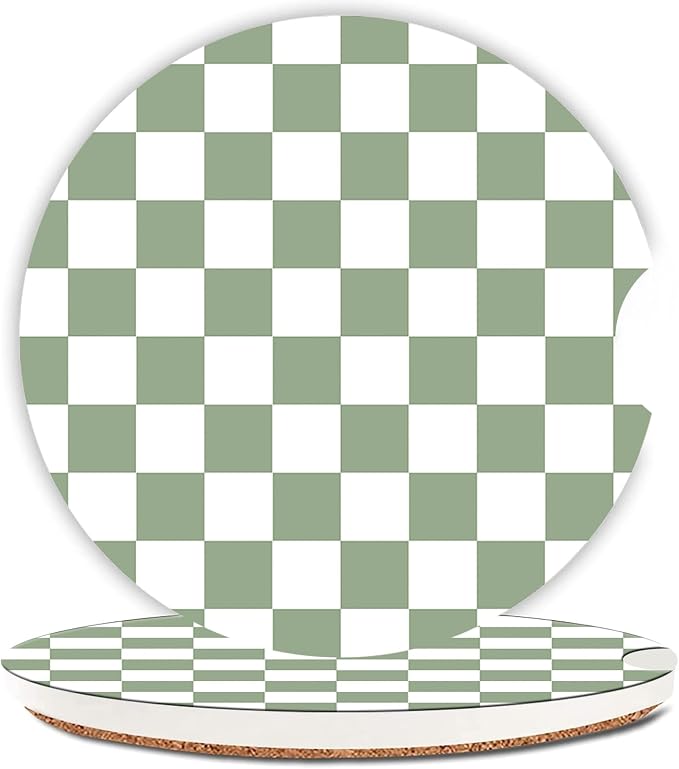 Sage Green Checkerd Car Coasters for Cup Holder Absorbent Ceramic Cup Coaster 2 Pack Anti Slip Car Interior Accessories with Finger Notch Cork Base for Women Men 2.56"