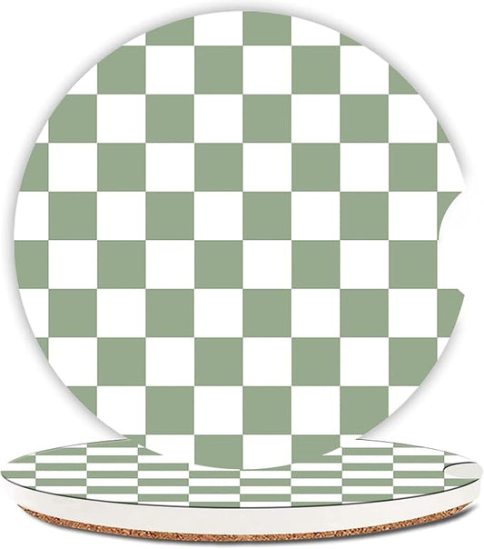 Sage Green Checkerd Car Coasters for Cup Holder Absorbent Ceramic Cup Coaster 2 Pack Anti Slip Car Interior Accessories with Finger Notch Cork Base for Women Men 2.56"