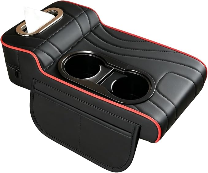 Car Armrest Cover, Embroidered Leather Car Armrest Cushion 4-in-1 Center Console Organizer with Dual Cup Holders, Tissue Box, 2 Side Storage Pockets & Card Slot, Universal for Most Cars
