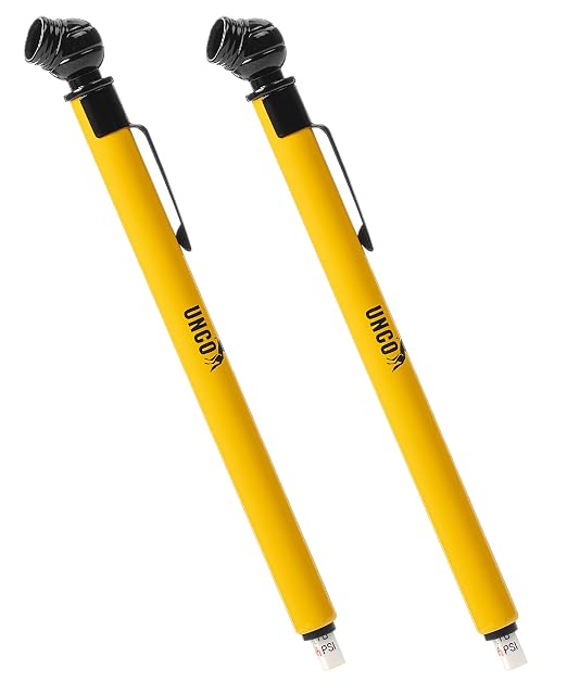 UNCO- Pencil Tire Pressure Gauge, 2 Pack, 10-75 PSI, Yellow, Stainless Steel Body, Metal Made Nozzle, Rust and Corrosion Resistant, Pencil Air Pressure Gauge for Tires, 3 Measurements for Cars, Bikes