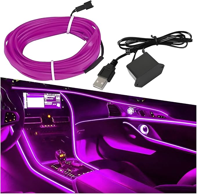 ZIMISI EL Wire Car Interior LED Strip Lights, Neon Light Strip (Purple) | 5V 16FT Car Ambient Lighting Decorations with Sewing Edge, USB Electroluminescent Car Interior Lights with Fuse Protection