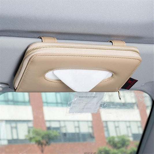 Car Tissue Holder, Sun Visor Napkin Holder, PU Leather Backseat Tissue Case with Zipper (Beige)