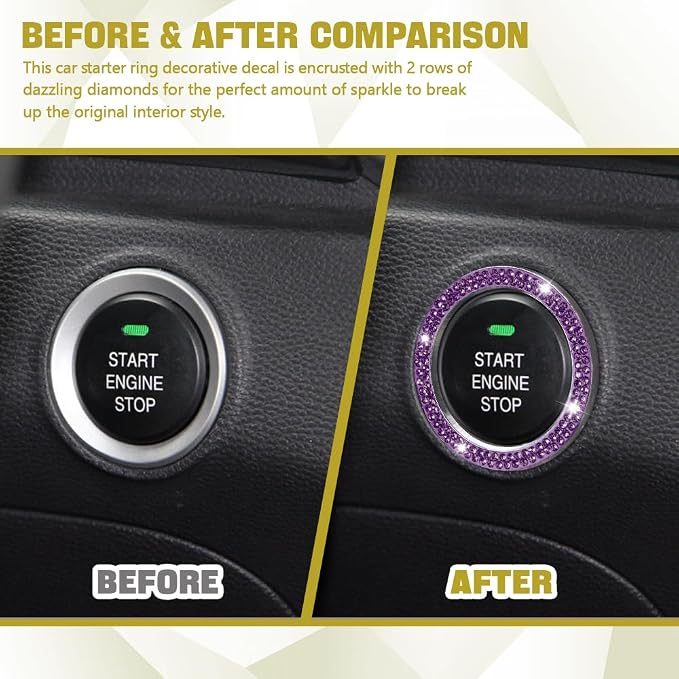 2PCS Bling Car Crystal Rhinestone Ring Emblem Sticker, Push to Start Button Cover/Sticker, Key Ignition Starter & Knob Ring, Interior Decoration Accessories for Women