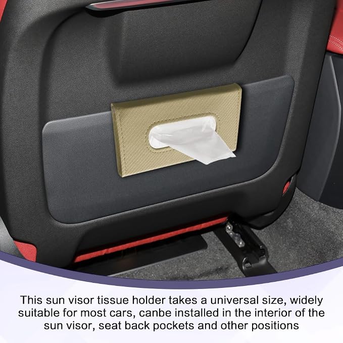 Car Visor Tissue Holder, Tissue Box Holder for Car, Leather Auto Sun Visor Napkin Case Mask Dispenser, Automotive Accessories Rectangular Hanging Auto Napkin Box Fit for Most Vehicles (Beige)
